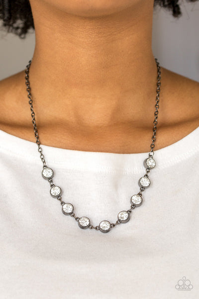 STARLIT SOCIALS - PAPARAZZI -WHITE RHINESTONE BLACK GUNMETAL FRAME NECKLACE