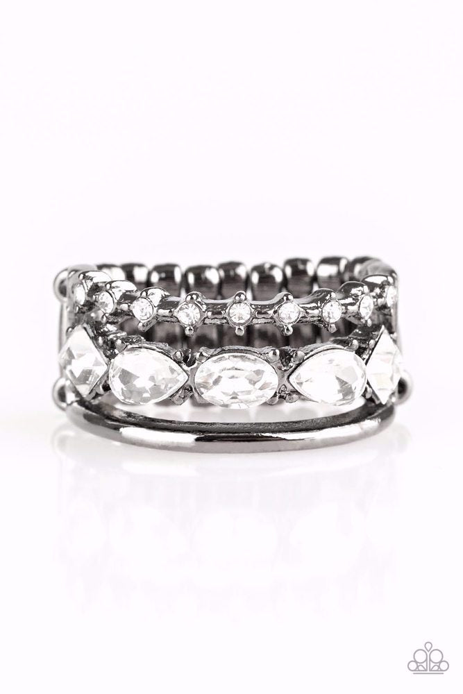 BACKSTAGE SPARKLE - BLACK GUNMETAL WHITE RHINESTONE RING - PAPARAZZI