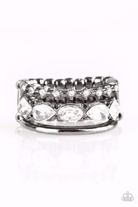 BACKSTAGE SPARKLE - BLACK GUNMETAL WHITE RHINESTONE RING - PAPARAZZI