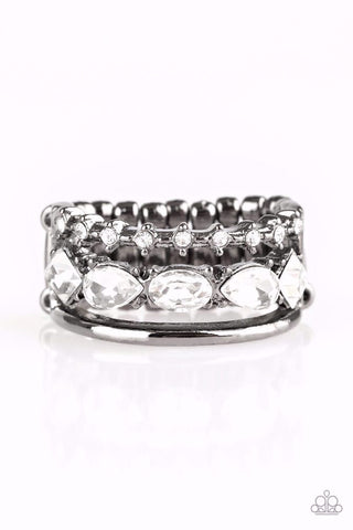 BACKSTAGE SPARKLE - BLACK GUNMETAL WHITE RHINESTONE RING - PAPARAZZI