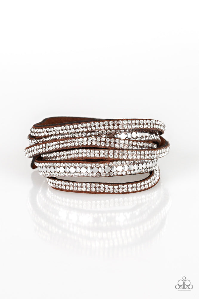 ROCK STAR ATTITUDE - BROWN SUEDE WHITE RHINESTONE SILVER STUD DOUBLE WRAP BRACELET - PAPARAZZI