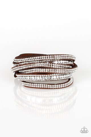 ROCK STAR ATTITUDE - BROWN SUEDE WHITE RHINESTONE SILVER STUD DOUBLE WRAP BRACELET - PAPARAZZI
