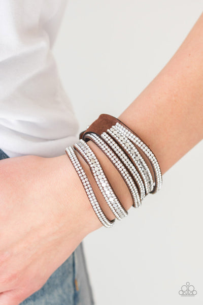 ROCK STAR ATTITUDE - BROWN SUEDE WHITE RHINESTONE SILVER STUD DOUBLE WRAP BRACELET - PAPARAZZI