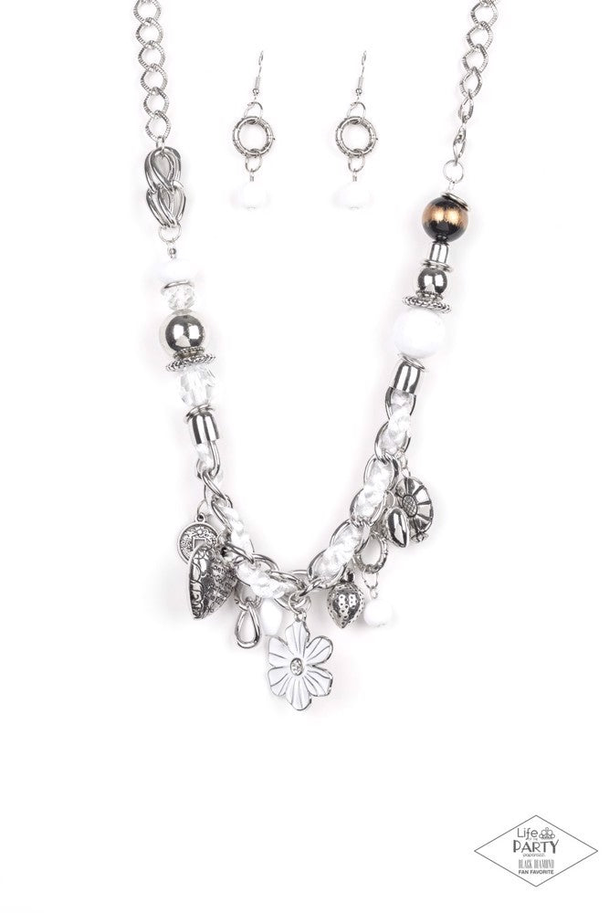 CHARMED I AM SURE - PAPARAZZI - WHITE GLASSY SILVER BEAD CHARM NECKLACE