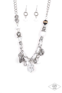 CHARMED I AM SURE - PAPARAZZI - WHITE GLASSY SILVER BEAD CHARM NECKLACE