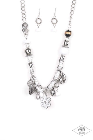 CHARMED I AM SURE - PAPARAZZI - WHITE GLASSY SILVER BEAD CHARM NECKLACE