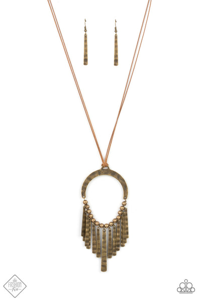 YOU WOULDNT FLARE! BRASS FRAME BROWN CORD NECKLACE - FASHION FIX MAY 2021 - PAPARAZZI