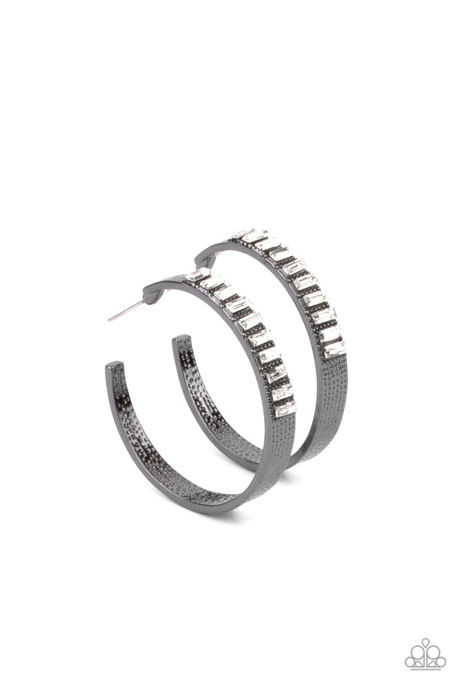MORE TO LOVE - BLACK GUNMETAL WHITE RHINESTONE HOOP EARRINGS - PAPARAZZI