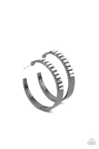MORE TO LOVE - BLACK GUNMETAL WHITE RHINESTONE HOOP EARRINGS - PAPARAZZI