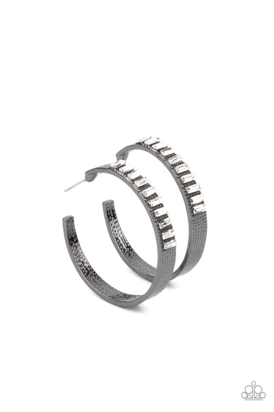 MORE TO LOVE - BLACK GUNMETAL WHITE RHINESTONE HOOP EARRINGS - PAPARAZZI