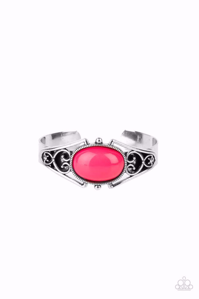 SPRINGTIME TRENDSETTER - PINK BEAD SILVER CUFF BRACELET - PAPARAZZI