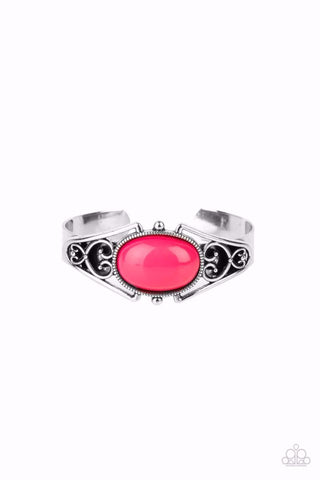 SPRINGTIME TRENDSETTER - PINK BEAD SILVER CUFF BRACELET - PAPARAZZI