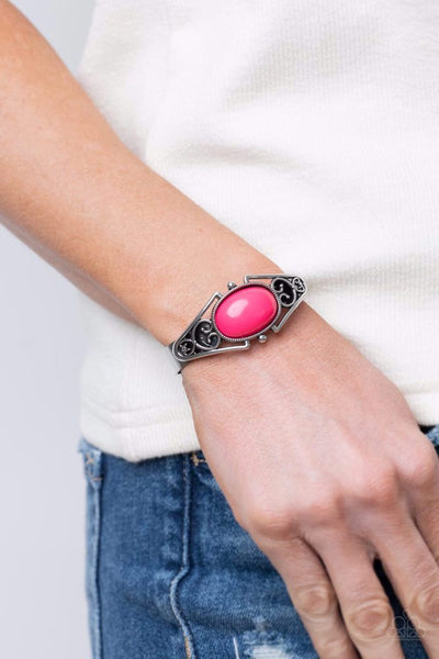 SPRINGTIME TRENDSETTER - PINK BEAD SILVER CUFF BRACELET - PAPARAZZI