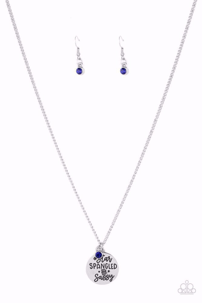 STAR-SPANGLED SASS - BLUE RHINESTONE SILVER "STAR SPANGLED AND SASSY" STAMPED NECKLACE - PAPARAZZI