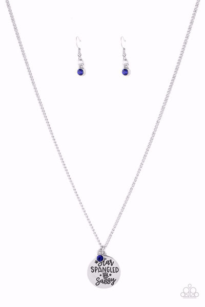 STAR-SPANGLED SASS - BLUE RHINESTONE SILVER "STAR SPANGLED AND SASSY" STAMPED NECKLACE - PAPARAZZI