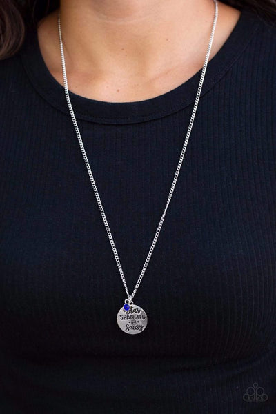STAR-SPANGLED SASS - BLUE RHINESTONE SILVER "STAR SPANGLED AND SASSY" STAMPED NECKLACE - PAPARAZZI