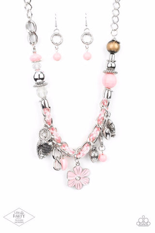 CHARMED, I AM SURE - PINK GLASSY SILVER BEAD CHARM NECKLACE - PAPARAZZI