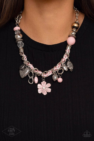 CHARMED, I AM SURE - PINK GLASSY SILVER BEAD CHARM NECKLACE - PAPARAZZI