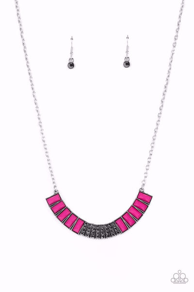 COUP DE MANE - PINK FUSCHIA BEAD HEMATITE RHINESTONE CRESCENT SILVER NECKLACE - PAPARAZZI