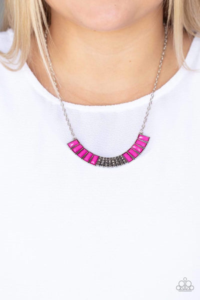 COUP DE MANE - PINK FUSCHIA BEAD HEMATITE RHINESTONE CRESCENT SILVER NECKLACE - PAPARAZZI