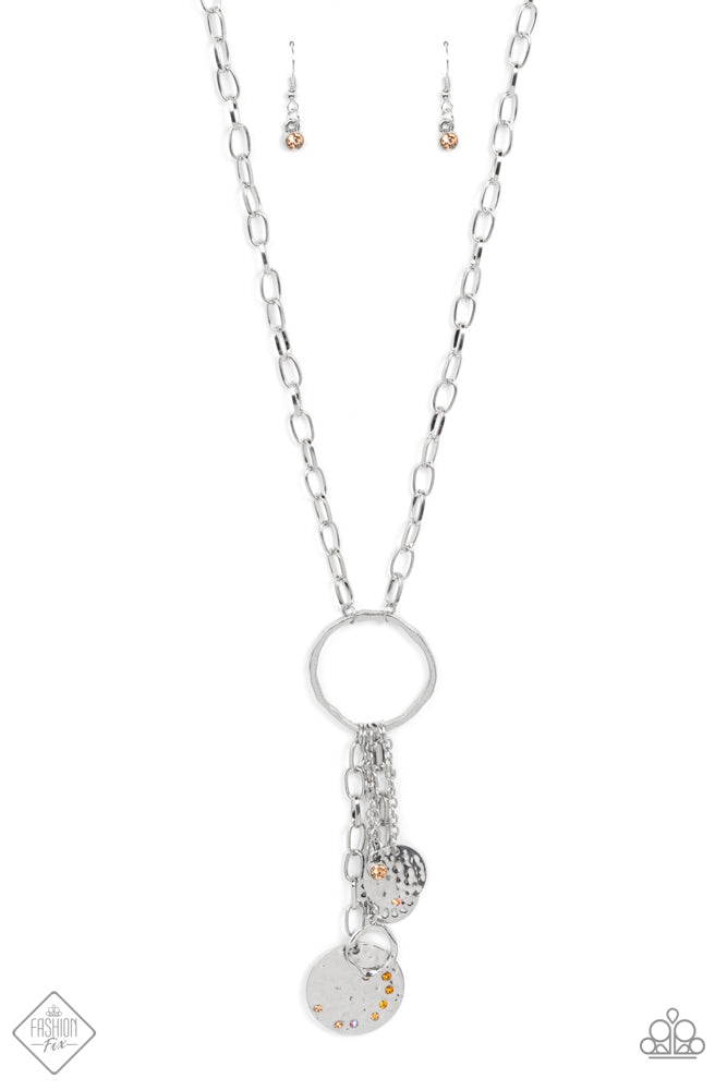 TRINKET TWINKLE - MULTI NECKLACE SILVER HAMMERED DISC IRIDESCENT TOPAZ RHINESTONE NECKLACE - PAPARAZZI - FASHION FIX OCTOBER 2021