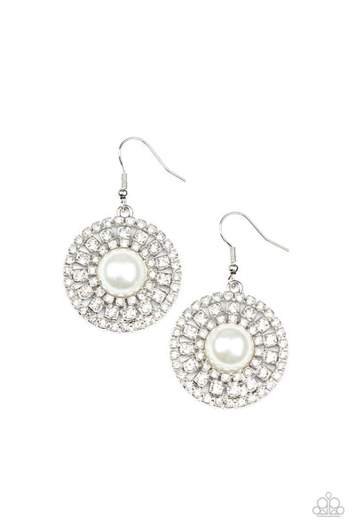 CENTURY CLASSIC - WHITE PEARL RHINESTONE SILVER EARRINGS - PAPARAZZI