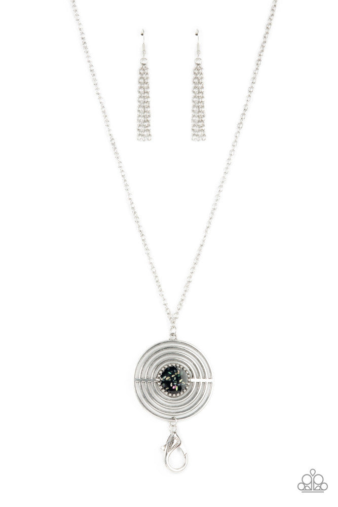 TARGETED TRANQUILITY - BLACK IRIDESCENT FLECK SILVER LANYARD NECKLACE - PAPARAZZI