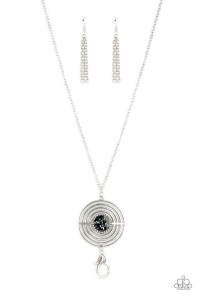 TARGETED TRANQUILITY - BLACK IRIDESCENT FLECK SILVER LANYARD NECKLACE - PAPARAZZI