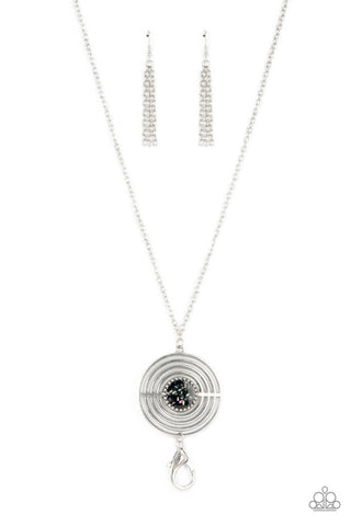 TARGETED TRANQUILITY - BLACK IRIDESCENT FLECK SILVER LANYARD NECKLACE - PAPARAZZI