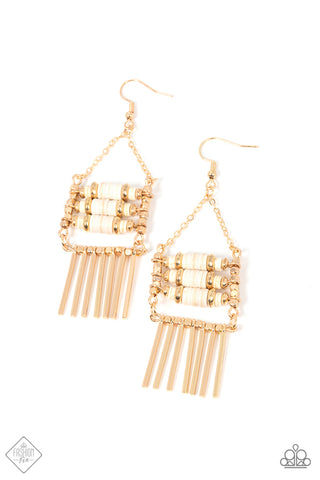 TRIBAL TAPESTRY - GOLD WHITE STONE FRINGE EARRINGS - PAPARAZZI - FASHION FIX MARCH 2022