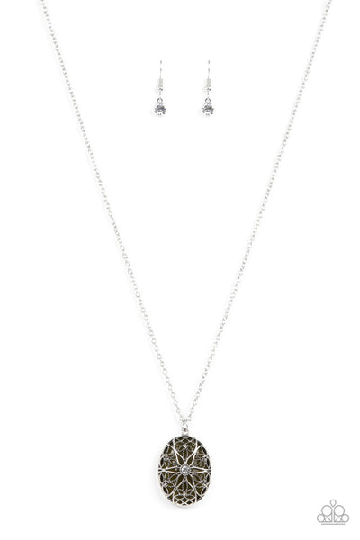 VENICE VACATION - GREEN OLIVE CAT'S EYE STONE SILVER OVERLAY NECKLACE - PAPARAZZI