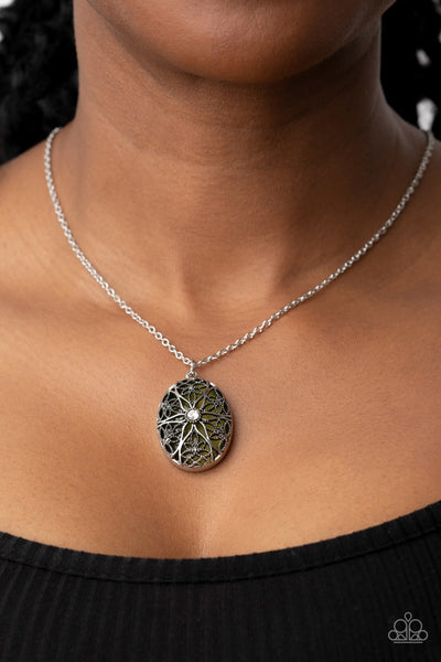 VENICE VACATION - GREEN OLIVE CAT'S EYE STONE SILVER OVERLAY NECKLACE - PAPARAZZI