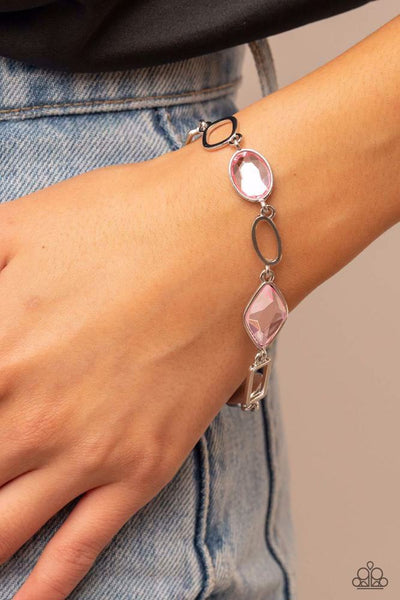 DAZZLE FOR DAYS - PINK GLASSY GEM SILVER BRACELET - PAPARAZZI