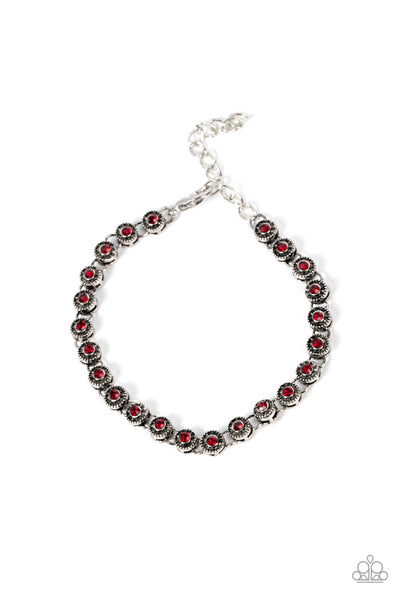 CHARM SCHOOL SHIMMER - RED RHINESTONE SILVER BRACELET - PAPARAZZI
