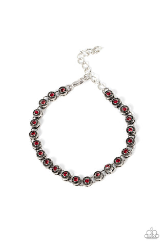 CHARM SCHOOL SHIMMER - RED RHINESTONE SILVER BRACELET - PAPARAZZI