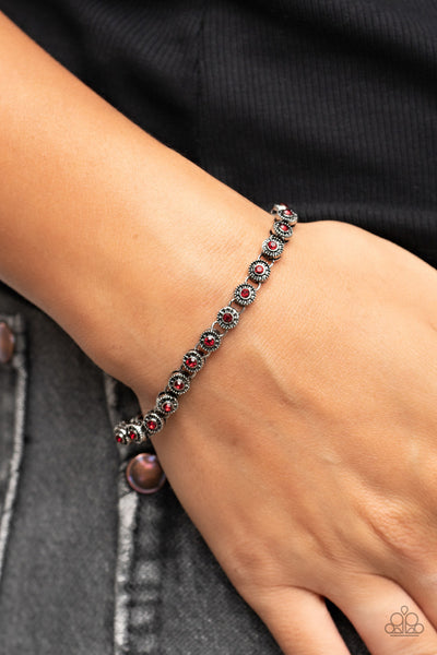CHARM SCHOOL SHIMMER - RED RHINESTONE SILVER BRACELET - PAPARAZZI