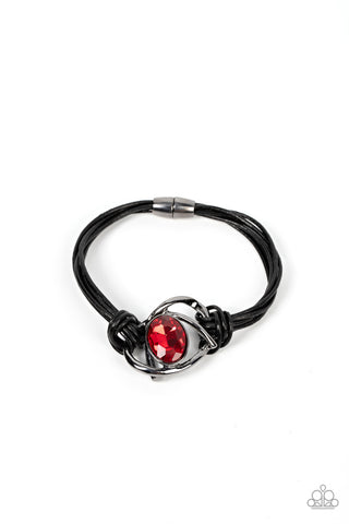 KEEP YOUR DISTANCE - RED GEM GUNMETAL BLACK CORD MAGNET BRACELET - PAPARAZZI