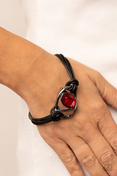 KEEP YOUR DISTANCE - RED GEM GUNMETAL BLACK CORD MAGNET BRACELET - PAPARAZZI