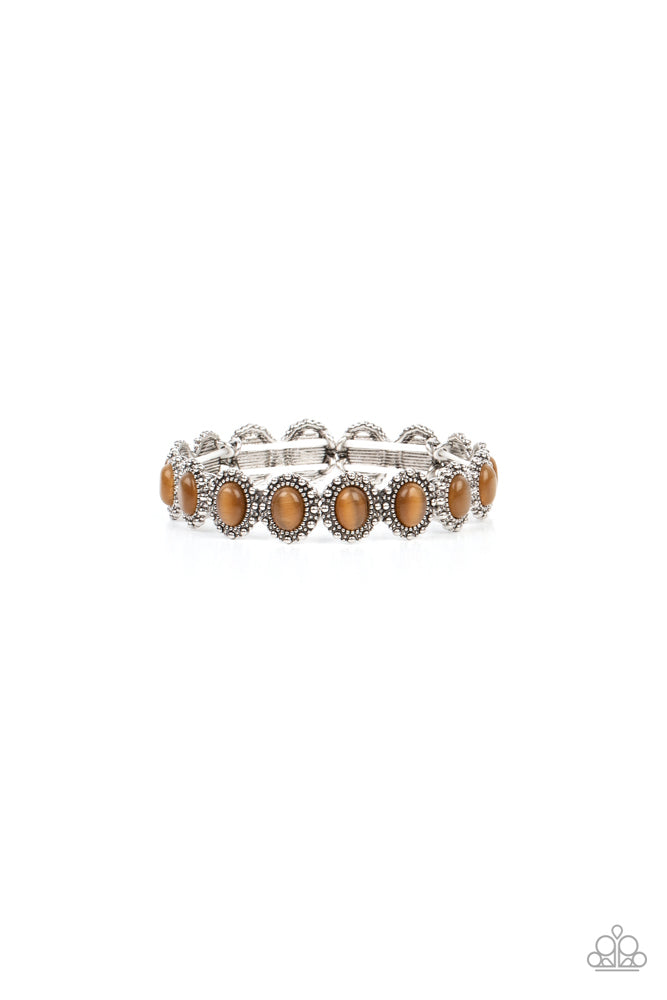 SWEET OBLIVION - BROWN CAT'S EYE SILVER STRETCHY BRACELET - PAPARAZZI