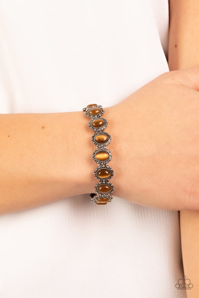 SWEET OBLIVION - BROWN CAT'S EYE SILVER STRETCHY BRACELET - PAPARAZZI
