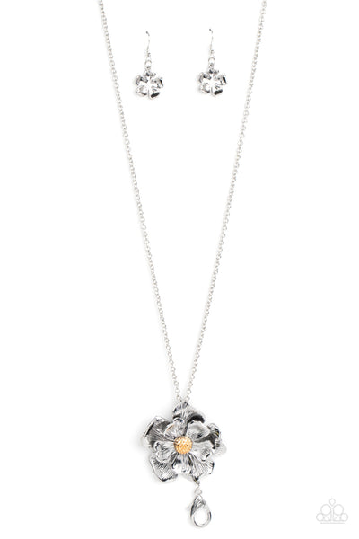 HOMEGROWN GLAMOUR - SILVER FLOWER GOLD CENTER LANYARD NECKLACE - PAPARAZZI