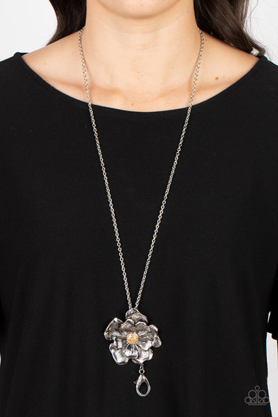 HOMEGROWN GLAMOUR - SILVER FLOWER GOLD CENTER LANYARD NECKLACE - PAPARAZZI