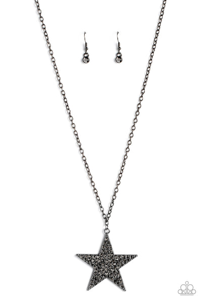ROCK STAR SPARKLE - BLACK STAR HEMATITE RHINESTONE LONG GUNMETAL NECKLACE - PAPARAZZ