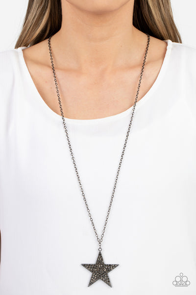 ROCK STAR SPARKLE - BLACK STAR HEMATITE RHINESTONE LONG GUNMETAL NECKLACE - PAPARAZZ