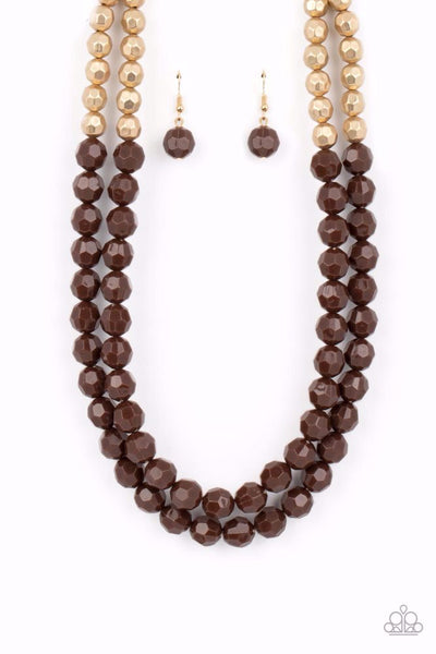 GRECO GETAWAY - BROWN AND GOLD LAYERED NECKLACE - PAPARAZZI