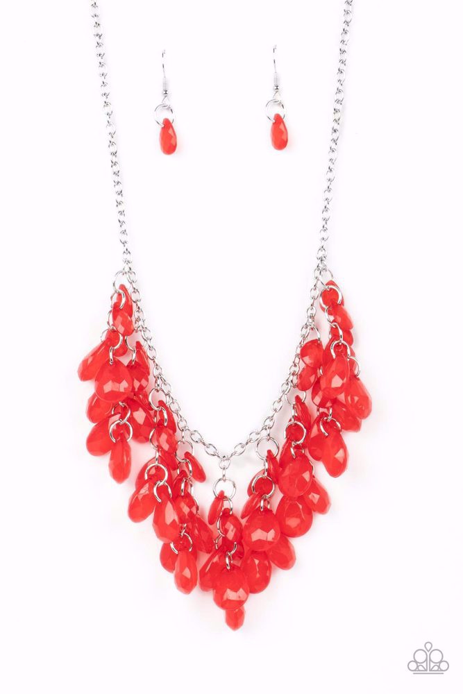 CRYSTAL CABARET - RED BEAD FRINGE SILVER NECKLACE - PAPARAZZI