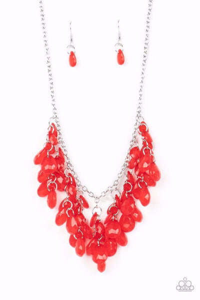 CRYSTAL CABARET - RED BEAD FRINGE SILVER NECKLACE - PAPARAZZI