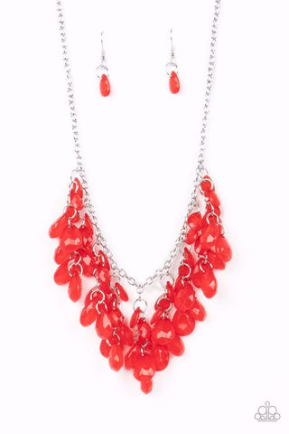 CRYSTAL CABARET - RED BEAD FRINGE SILVER NECKLACE - PAPARAZZI
