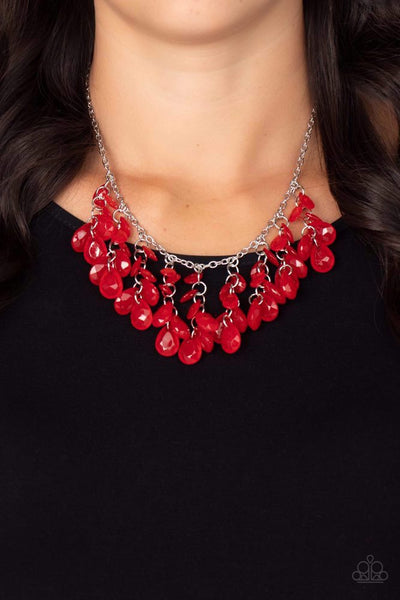 CRYSTAL CABARET - RED BEAD FRINGE SILVER NECKLACE - PAPARAZZI