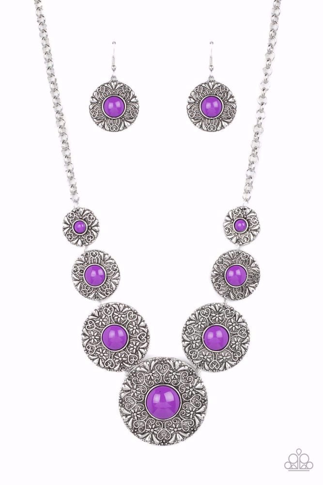 GARDEN GLADE - YELLOW BEAD FLORAL EMBOSSED SILVER DISC NECKLACE - PAPARAZZI
